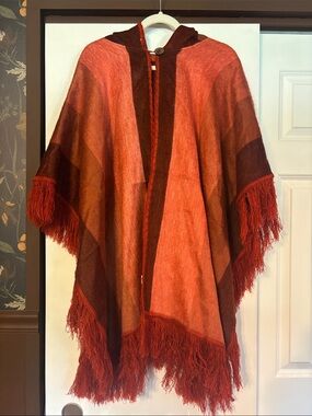 Rust Red Fringe Hooded Poncho